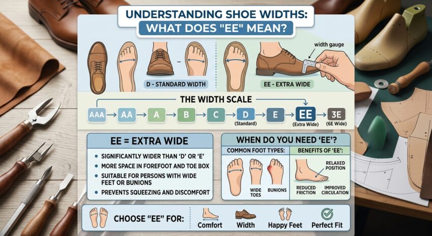 What does EE mean in shoe size? Learn what EE width means how it compares with D and how to choose the right shoe width for your feet.